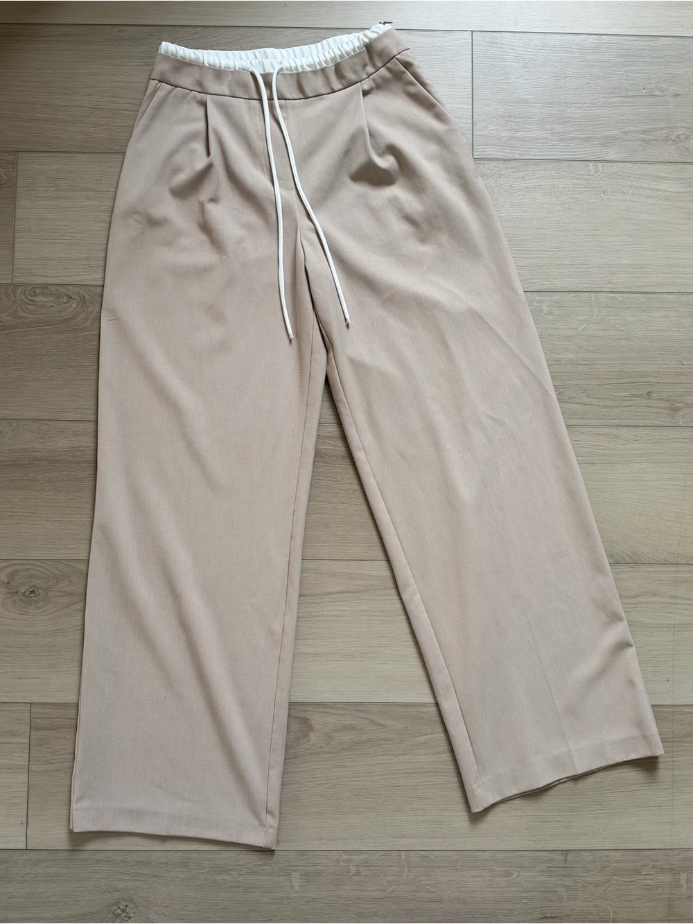 Zara Beige Wide Leg Pleated Trousers Contrast Waistband Drawstring - Size XS